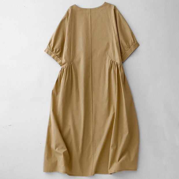 Buddha Stones Summer Casual Pure Color V-Neck Pleating Waist Design Midi Dress With Pockets