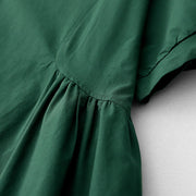Buddha Stones Summer Casual Pure Color V-Neck Pleating Waist Design Midi Dress With Pockets