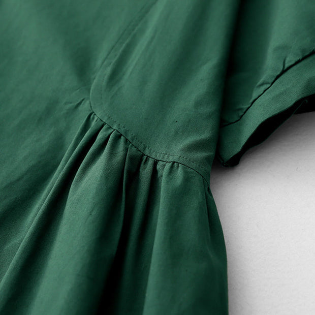 Buddha Stones Summer Casual Pure Color V-Neck Pleating Waist Design Midi Dress With Pockets