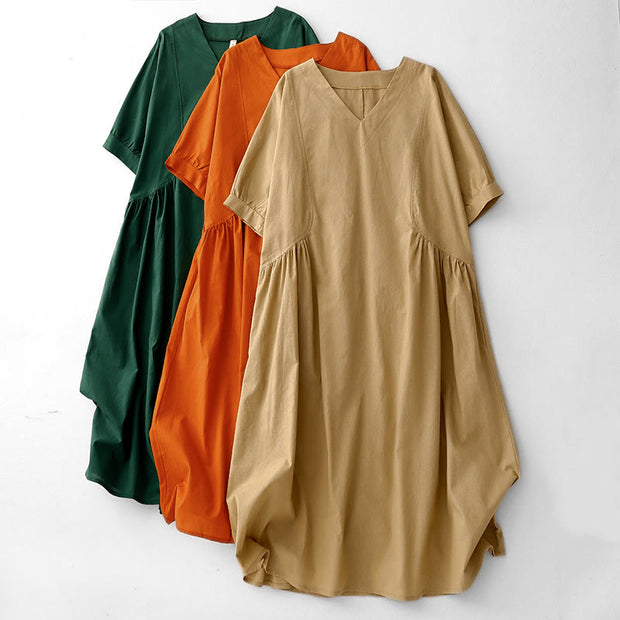 Buddha Stones Summer Casual Pure Color V-Neck Pleating Waist Design Midi Dress With Pockets