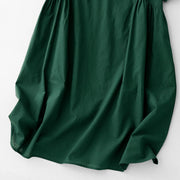 Buddha Stones Summer Casual Pure Color V-Neck Pleating Waist Design Midi Dress With Pockets