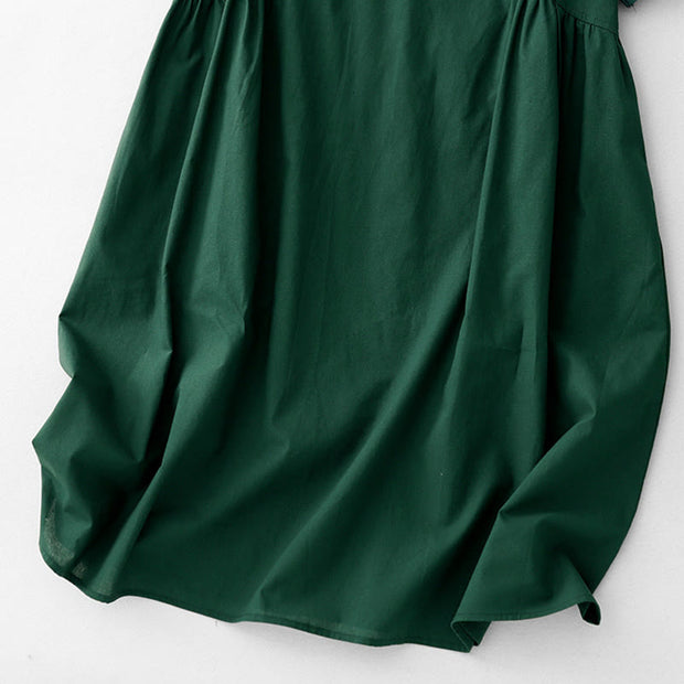 Buddha Stones Summer Casual Pure Color V-Neck Pleating Waist Design Midi Dress With Pockets