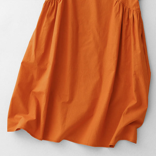 Buddha Stones Summer Casual Pure Color V-Neck Pleating Waist Design Midi Dress With Pockets