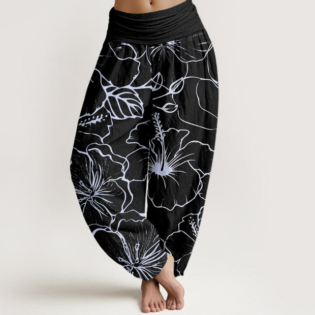 Buddha Stones Morning Glory Flowers Pattern Design Women's Elastic Waist Harem Pants