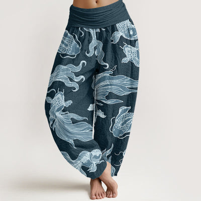 Buddha Stones Koi Fish Waves Pattern Design Women's Elastic Waist Harem Pants