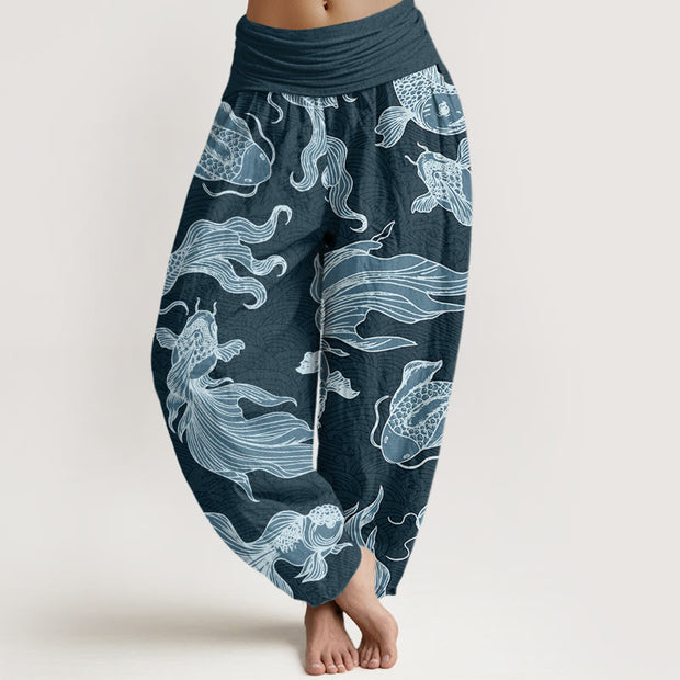 Buddha Stones Koi Fish Waves Pattern Design Women's Elastic Waist Harem Pants