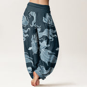 Buddha Stones Koi Fish Waves Pattern Design Women's Elastic Waist Harem Pants