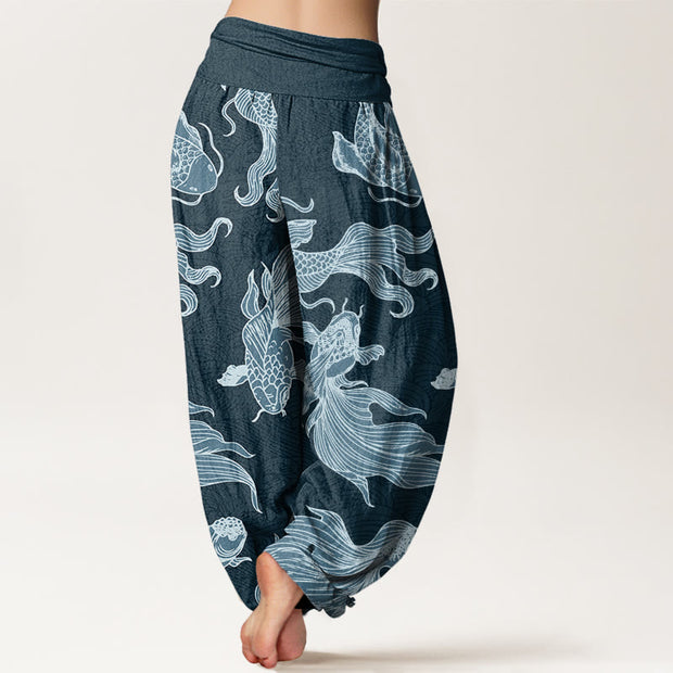 Buddha Stones Koi Fish Waves Pattern Design Women's Elastic Waist Harem Pants