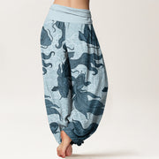 Buddha Stones Koi Fish Waves Pattern Design Women's Elastic Waist Harem Pants