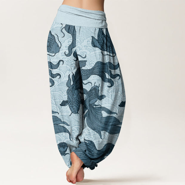 Buddha Stones Koi Fish Waves Pattern Design Women's Elastic Waist Harem Pants