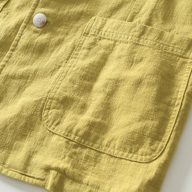 Buddha Stones Long Sleeve Button Placket Design Men's Cotton Linen Jacket Shirt With Pockets