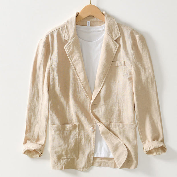 Buddha Stones Long Sleeve Button Placket Design Men's Cotton Linen Jacket Shirt With Pockets
