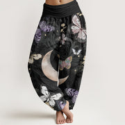 Buddha Stones Butterfly Flowers Crescent Moon Pattern Design Women's Elastic Waist Harem Pants
