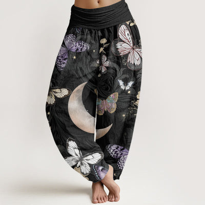 Buddha Stones Butterfly Flowers Crescent Moon Pattern Design Women's Elastic Waist Harem Pants