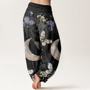 Buddha Stones Butterfly Flowers Crescent Moon Pattern Design Women's Elastic Waist Harem Pants
