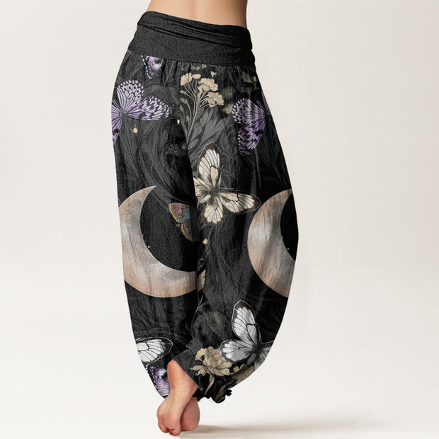 Buddha Stones Butterfly Flowers Crescent Moon Pattern Design Women's Elastic Waist Harem Pants