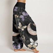 Buddha Stones Butterfly Flowers Crescent Moon Pattern Design Women's Elastic Waist Harem Pants