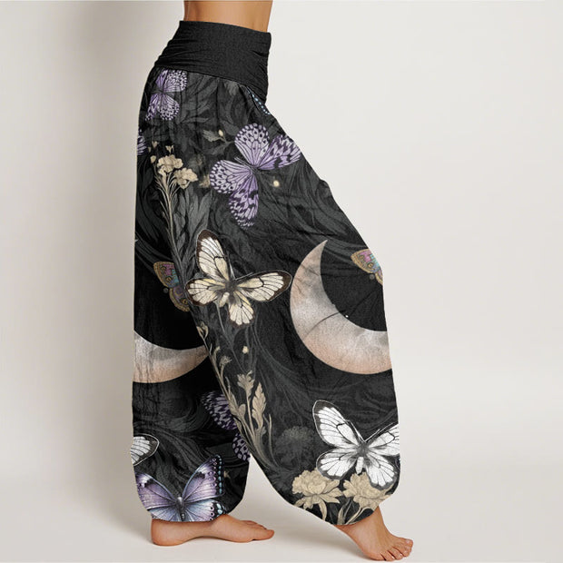 Buddha Stones Butterfly Flowers Crescent Moon Pattern Design Women's Elastic Waist Harem Pants
