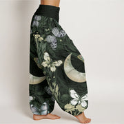 Buddha Stones Butterfly Flowers Crescent Moon Pattern Design Women's Elastic Waist Harem Pants