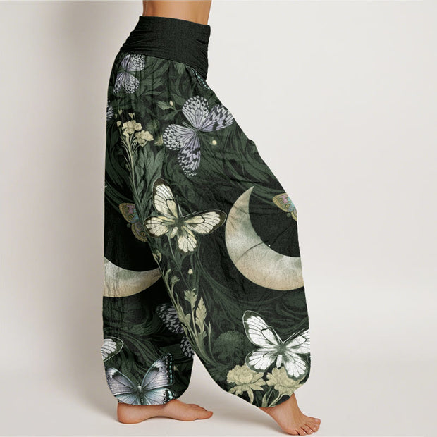 Buddha Stones Butterfly Flowers Crescent Moon Pattern Design Women's Elastic Waist Harem Pants