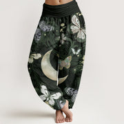 Buddha Stones Butterfly Flowers Crescent Moon Pattern Design Women's Elastic Waist Harem Pants
