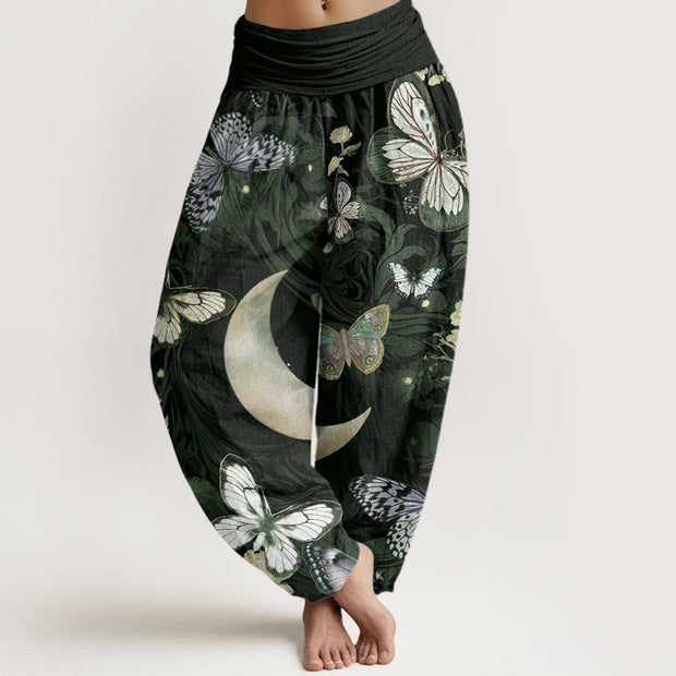Buddha Stones Butterfly Flowers Crescent Moon Pattern Design Women's Elastic Waist Harem Pants