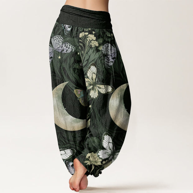 Buddha Stones Butterfly Flowers Crescent Moon Pattern Design Women's Elastic Waist Harem Pants