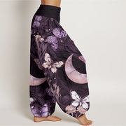 Buddha Stones Butterfly Flowers Crescent Moon Pattern Design Women's Elastic Waist Harem Pants