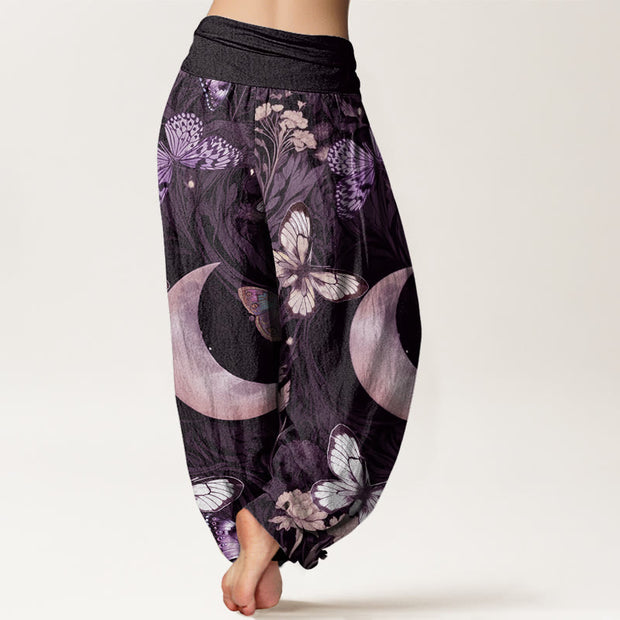 Buddha Stones Butterfly Flowers Crescent Moon Pattern Design Women's Elastic Waist Harem Pants