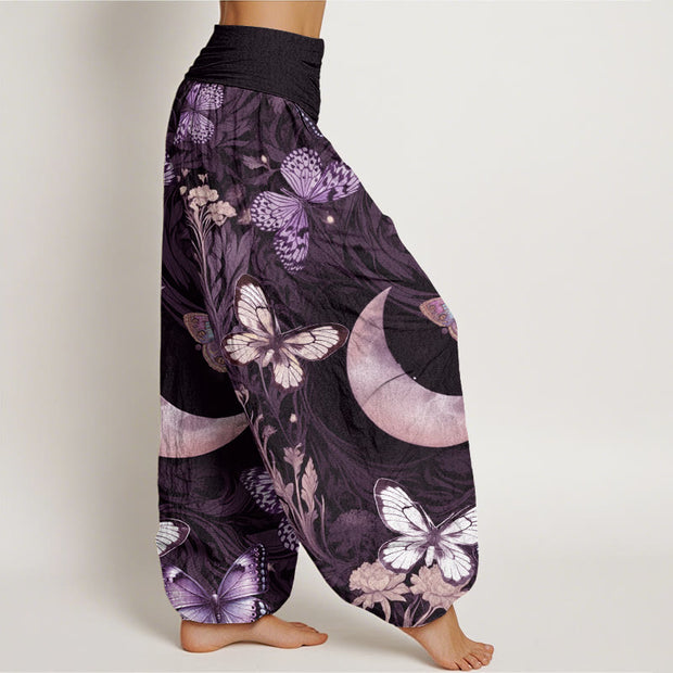 Buddha Stones Butterfly Flowers Crescent Moon Pattern Design Women's Elastic Waist Harem Pants