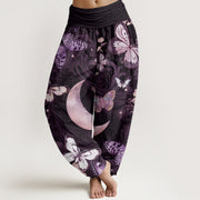 Buddha Stones Butterfly Flowers Crescent Moon Pattern Design Women's Elastic Waist Harem Pants