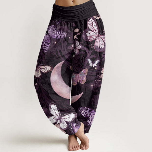 Buddha Stones Butterfly Flowers Crescent Moon Pattern Design Women's Elastic Waist Harem Pants