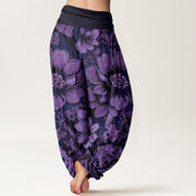 Buddha Stones Peony Flowers Butterfly Pattern Design Women's Elastic Waist Harem Pants