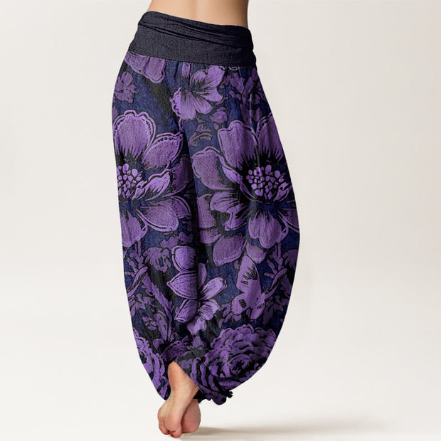 Buddha Stones Peony Flowers Butterfly Pattern Design Women's Elastic Waist Harem Pants