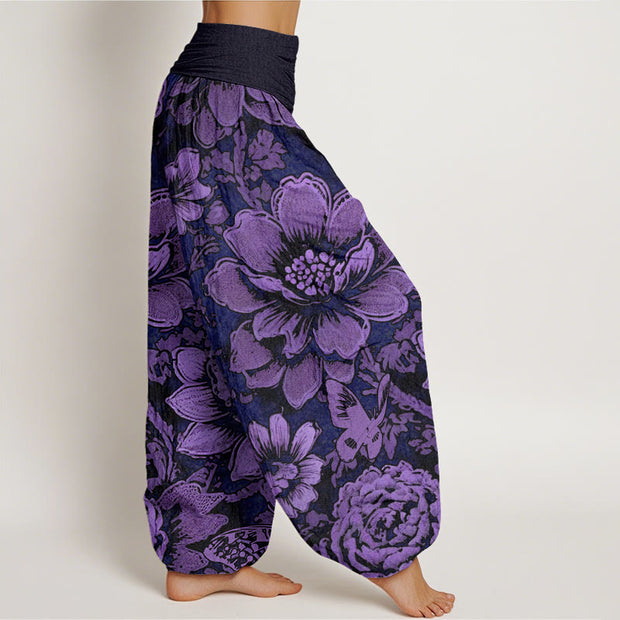 Buddha Stones Peony Flowers Butterfly Pattern Design Women's Elastic Waist Harem Pants