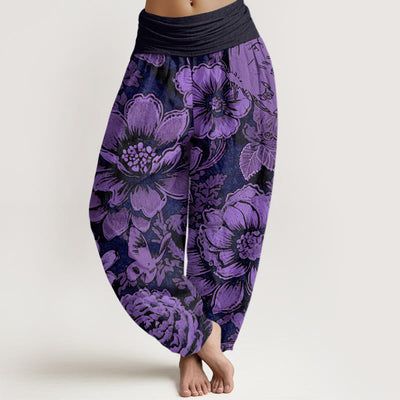 Buddha Stones Peony Flowers Butterfly Pattern Design Women's Elastic Waist Harem Pants