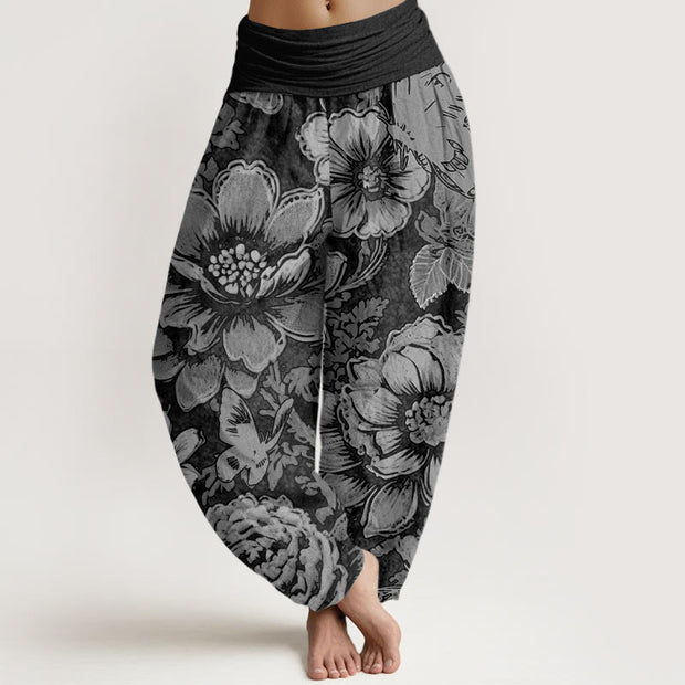 Buddha Stones Peony Flowers Butterfly Pattern Design Women's Elastic Waist Harem Pants