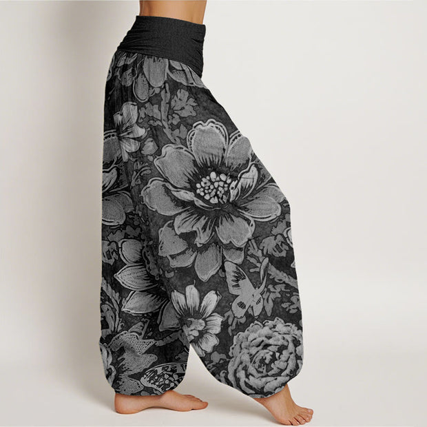 Buddha Stones Peony Flowers Butterfly Pattern Design Women's Elastic Waist Harem Pants