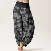 Buddha Stones Peony Flowers Butterfly Pattern Design Women's Elastic Waist Harem Pants