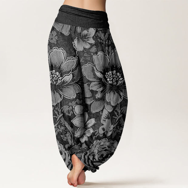 Buddha Stones Peony Flowers Butterfly Pattern Design Women's Elastic Waist Harem Pants