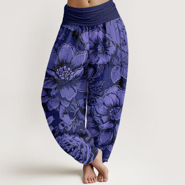 Buddha Stones Peony Flowers Butterfly Pattern Design Women's Elastic Waist Harem Pants