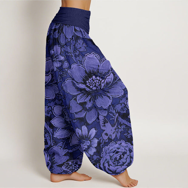 Buddha Stones Peony Flowers Butterfly Pattern Design Women's Elastic Waist Harem Pants
