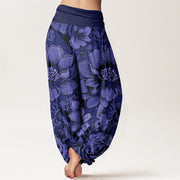 Buddha Stones Peony Flowers Butterfly Pattern Design Women's Elastic Waist Harem Pants