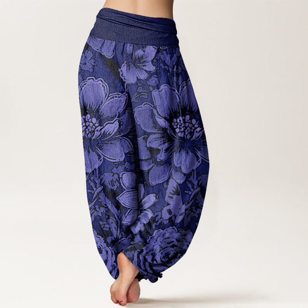 Buddha Stones Peony Flowers Butterfly Pattern Design Women's Elastic Waist Harem Pants