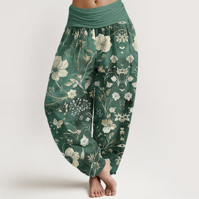 Buddha Stones White Flowers Winding Vines Pattern Design Women's Elastic Waist Harem Pants