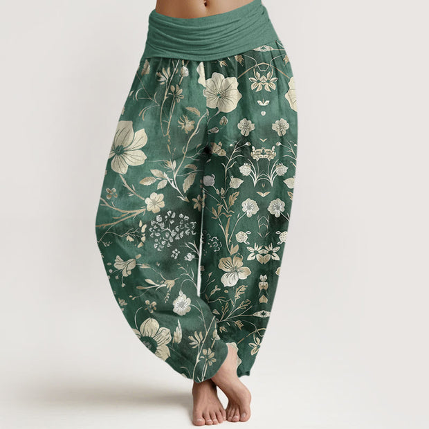 Buddha Stones White Flowers Winding Vines Pattern Design Women's Elastic Waist Harem Pants