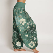 Buddha Stones White Flowers Winding Vines Pattern Design Women's Elastic Waist Harem Pants