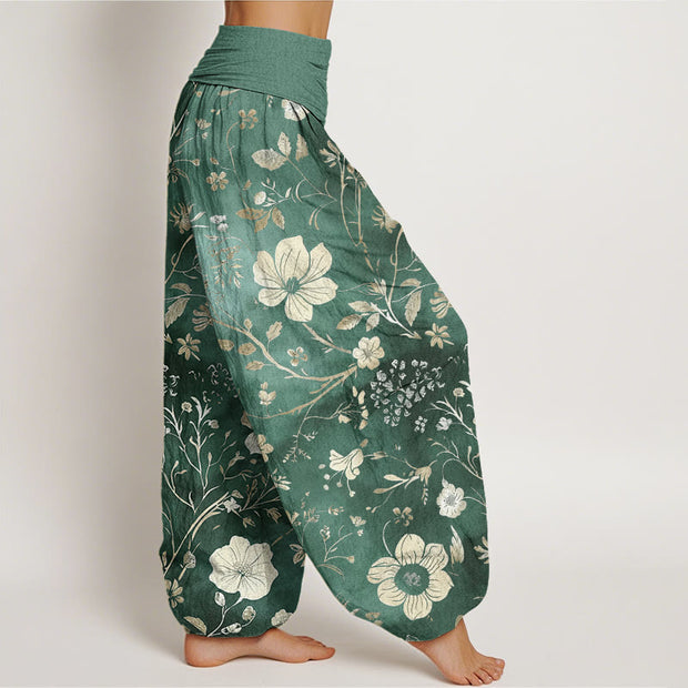 Buddha Stones White Flowers Winding Vines Pattern Design Women's Elastic Waist Harem Pants