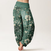 Buddha Stones White Flowers Winding Vines Pattern Design Women's Elastic Waist Harem Pants