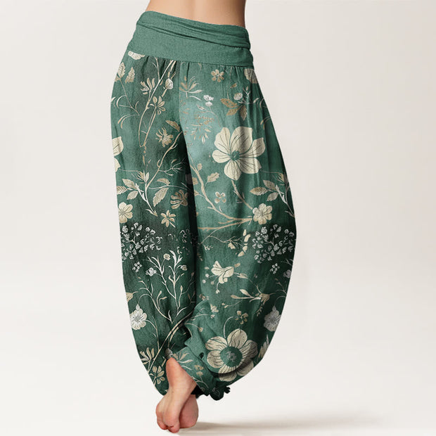 Buddha Stones White Flowers Winding Vines Pattern Design Women's Elastic Waist Harem Pants
